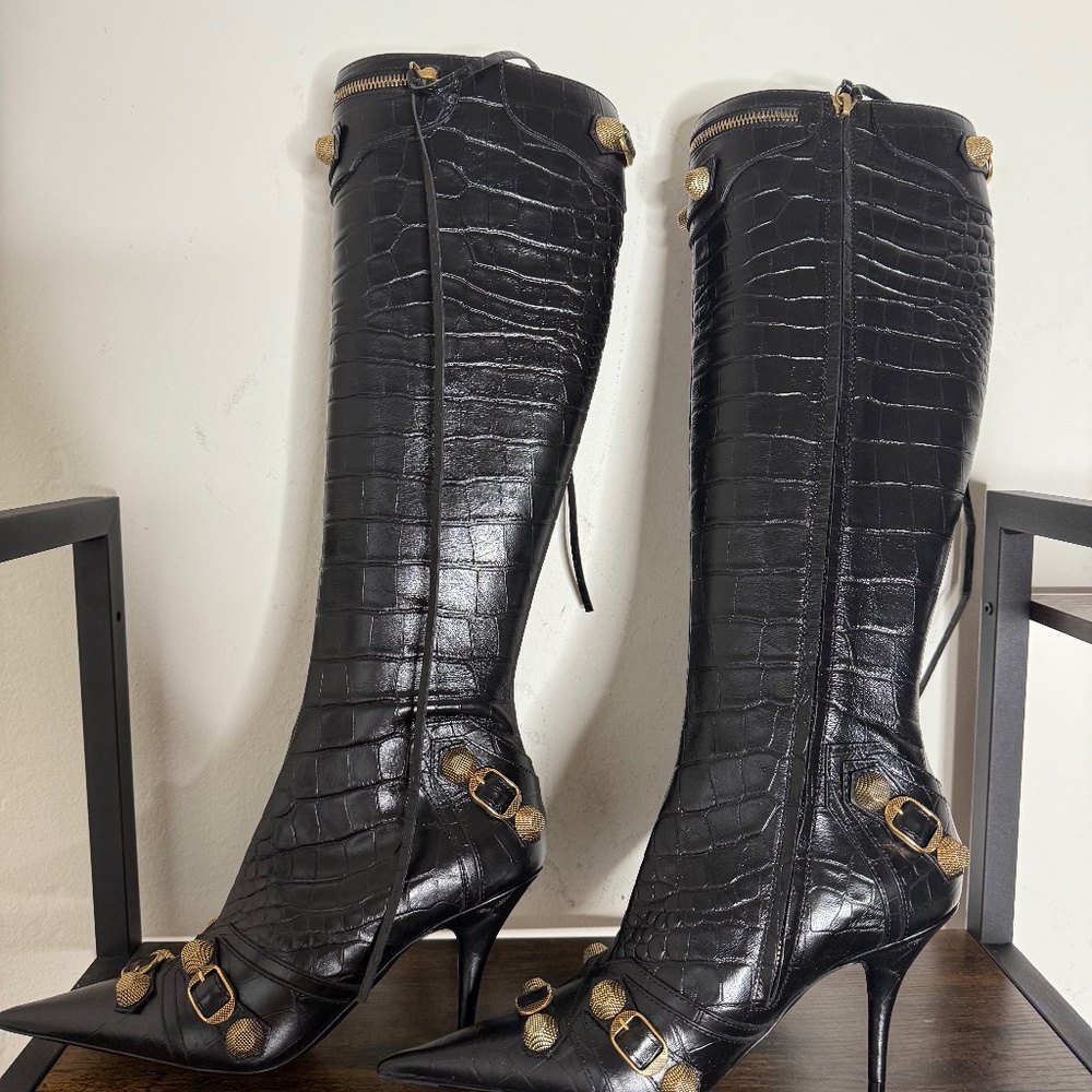 Balenciaga cagole High Heel Boots crocs effect on calfskin black